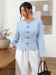 Lounesse Blus Elegan Bergaris Kancing Depan untuk Wanita Ukuran Besar - Biru - View 5