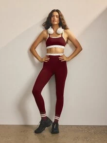 Aralina 女款黑色休閒運動套裝 運動服飾 细肩帶交叉露背設計 鏤空細節 彈性面料 訓練工作室上衣套裝 下裝套裝 - 酒紅色 - 查看 4
