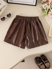 SHEIN 少女編織素色PU皮革修身休閒短褲 - 彩色 - 查看 2