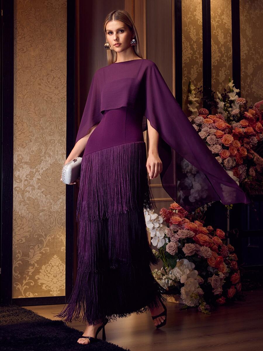 MOTF Soiréza ELEGANT DETACHABLE SHAWL&SPAGHETTI STRAP DRESS WITH FRINGE TRIM TWO PIECES SET FOR WEDDINGGALAS