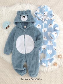 Cozy Pixies 2件組男嬰卡通熊圖案休閒日常舒適毛絨連帽冬季連身衣套裝，2款各1件 - 藍色 - 查看 7