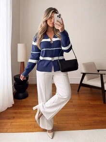 Vionelle Plus Size Women's Striped Long Sleeve Single-Breasted Casual Knit Cardigan - Multicolor - View 3
