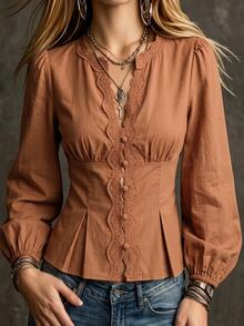 Vavine Women's Brown Contrast Lace Trim Single-Breasted Commuter Blouse - Brown - View 4