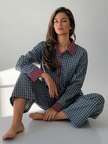 DAZY Women's Plaid Single-Breasted Long Sleeve Top And Pants Pajama Set - Blue - View 3
