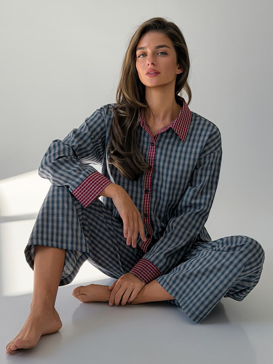 DAZY Women's Plaid Single-Breasted Long Sleeve Top And Pants Pajama Set - Blue - View 1