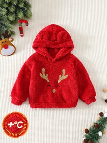 SHEIN 嬰兒男孩女孩秋冬款紅色加厚毛絨抓絨衛衣，卡通馴鹿圖案，3D耳朵，連帽長袖套頭衛衣，適合聖誕節 - 紅色 - 查看 7