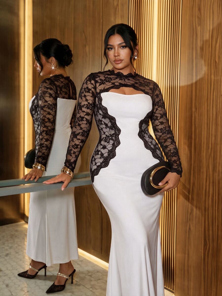 Firerie Lace Patchwork Contrast Color Fitted Mermaid Hem Short Sleeve Bodycon Dress For Women - Black and White - View 1