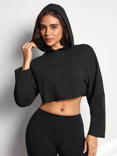 Easithlete Women's Short Hooded Sweatshirt, Dropped Shoulder Long Sleeve Wide Cuff, Loose Fit, Fitness Sports Casual Top