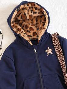 SHEIN Tween Girls Zip Up Hoodie Leopard Fleece Lined Print Jacket Sweatshirt - Blue - View 6