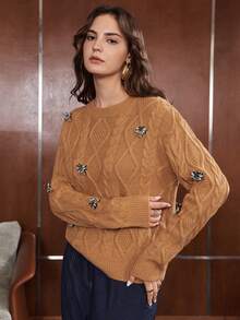 Anewsta Women's Autumn/Winter Fashion Sweet Style Little Bee Decor Long Sleeve Cable Knit Sweater, Versatile For Commuting And Holidays - Brown - View 4