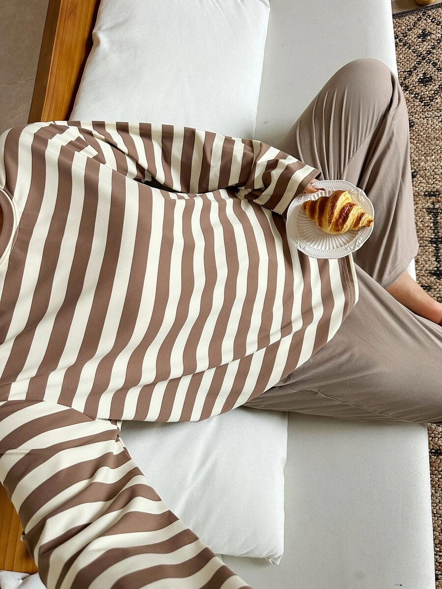 Dazy Plus Striped Top And Pants 2-Piece Set, Casual Loungewear Pajama Set - Khaki - View 1
