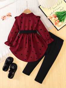 SHEIN Elladie kids 2件組女童套裝，含腰帶上衣與內搭褲，時尚設計，適合春季/秋季 - 酒紅色 - 查看 2