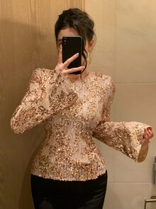 DAZY Women's Gentle Luxury Sequin Waist-Cinching Blouse For Evening Party Fall - Gold - View 6
