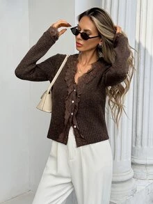 Serisse Women's V-Neck Contrast Lace Brown Cardigan - Brown - View 4
