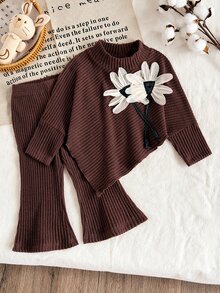 SHEIN Playful Pals 女嬰春夏秋冬休閒親子套裝 T-shirt 套組，不對稱套頭長袖高領磨毛摩卡棕羅紋布料 3D 花卉 - 棕色 - 查看 5