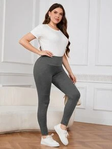 SHEIN LUNE 大尺碼女款休閒極簡純色高腰內搭褲 - 深灰色 - 查看 6
