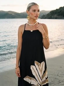CAJUNI Chic Vacation Golden Palm Embroidery Elegant Open Back Maxi Dress - Black - View 6