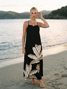 CAJUNI Chic Vacation Golden Palm Embroidery Elegant Open Back Maxi Dress - Black - View 8