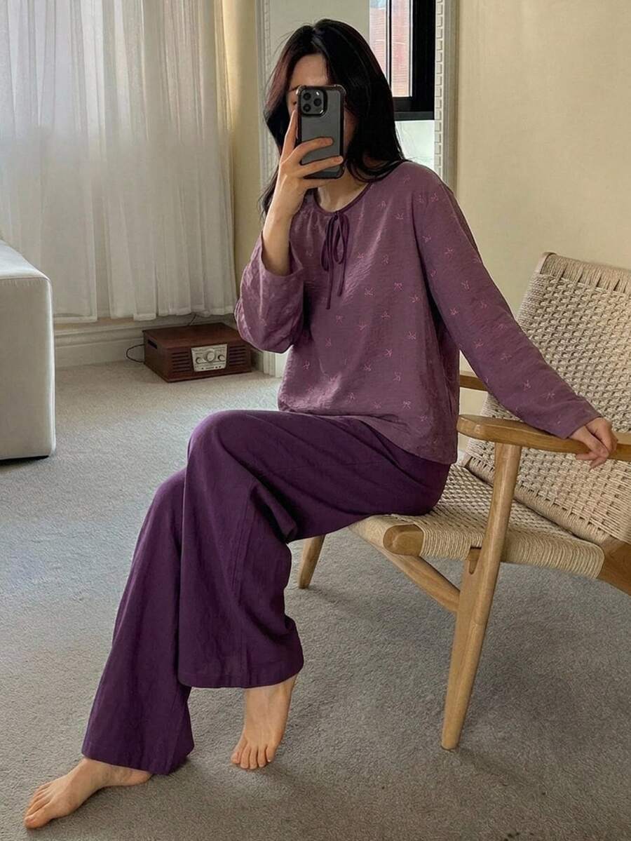 DAZY 2pcs/Set Women's Pajama Set With Bow Pattern All-Over Print Long Sleeve Top And Solid Color Straight Leg Long Pants - Purple - View 1