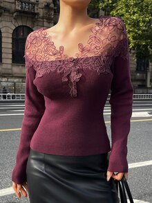 Livesso Women's Purple Round Neck Long Sleeve Cable Knit Slim Fit Ribbed Casual Sweater, Autumn/Winter - Purple - View 6