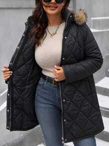 EMERY ROSE Plus Size Casual Black Padded Coat With Pockets, Detachable Fur Collar Hood, Ribbed Cuffs, Mid-Length, Diamond Quilted & Straight Stripe Patchwork - Black - View 3