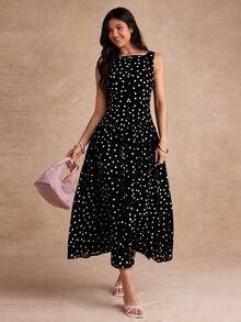 SHEIN 頂級夏季浪漫法式女款優雅棕色與白色波點船領日常日用早午餐茶會長洋裝，度假、舞會禮服 - 黑色 - 查看 4