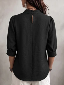 SHEIN LUNE CURVE ملابس علوية كاجوال يومية بمقاسات كبيرة مع تطريز دانتيل مرقع للخريف - الأسود - مشاهدة 2