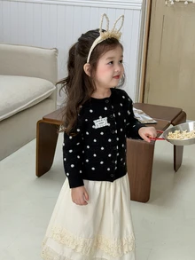 DAZY Baby Girl Polka Dot Pattern Long Sleeve Single-Breasted Knit Cardigan - Black - View 4
