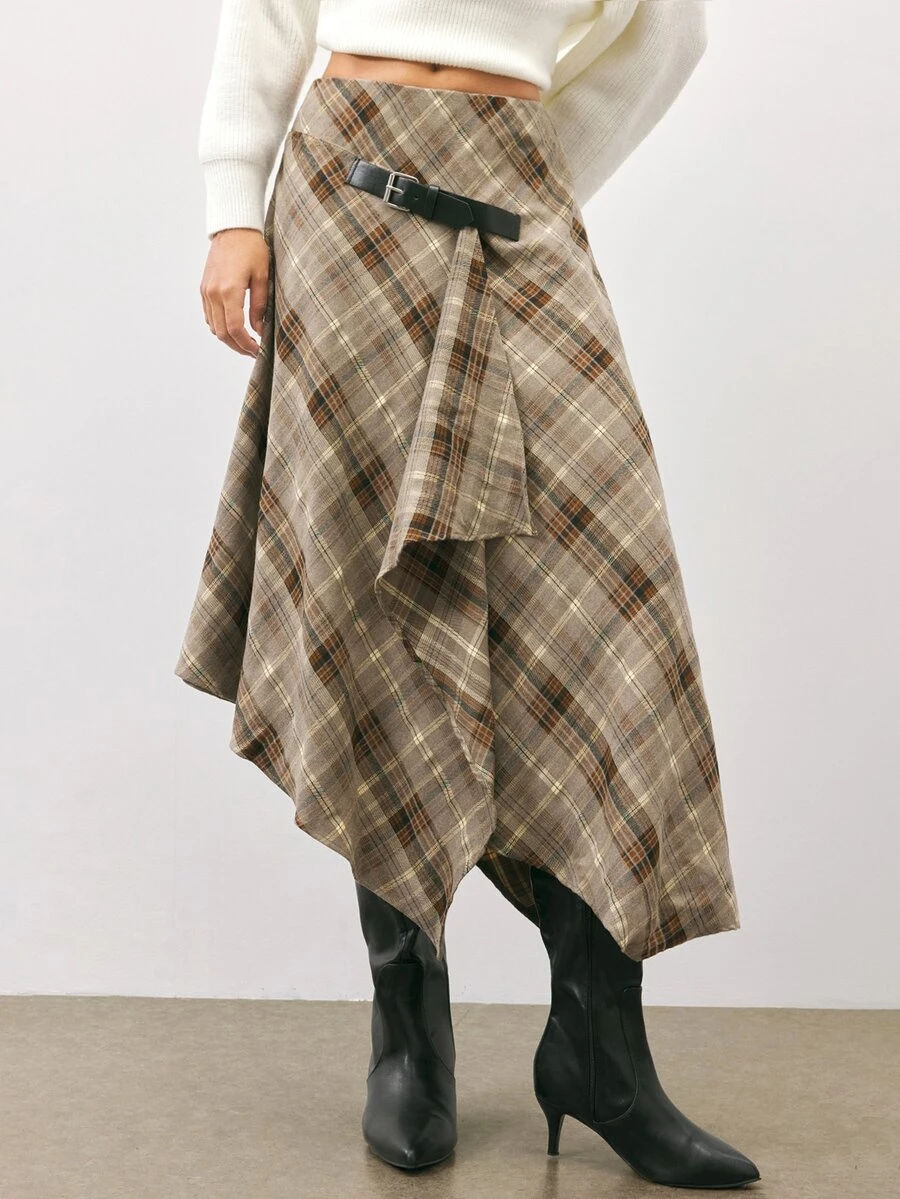 Maija Women's Plaid Casual Versatile Daily Wear Skirt - Brown - View 1