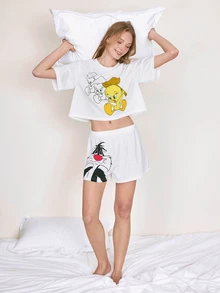LOONEY TUNES X SHEIN Women's Round Neck Short Sleeve Top And Shorts Pajama Set LOONEY TUNES - White - View 5