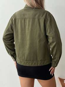 Dazy Plus Autumn Stand Collar Parka Jacket Green Button Decor Loose Casual Street Outdoor Denim Jacket - Army Green - View 7