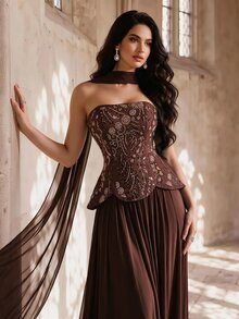 Coutiva Women's Floral Beaded Decor Elegant Cinched Waist Strapless Cocktail Dress - Brown - View 6