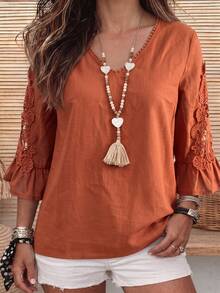 Hansera Middle-Aged Women Casual Outing Holiday Outfit Contrast Lace Ruffle Cuff Fashion Top - Rust Brown - View 5