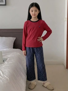 DAZY Tween女孩秋季圓領針織印花短袖T恤＋格紋睡褲居家休閒套裝 - 紅色 - 查看 6