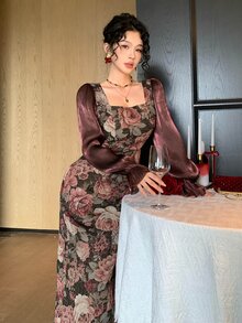 DAZY Women's Jacquard Square Neck Ruffle Cuff Elegant Long Dress - Burgundy - View 7