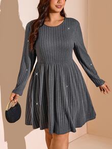 SHEIN LUNE Plus Size Women's Dress, All Season Long Sleeve Round Neck Umbrella Skirt Knee Length With Pockets Ribbed Shiny Casual Daily Party Fall - Grey - View 5