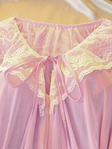 DelicateAllure Pink Long Short Sleeve Ruffle Sleeve Ruffle Trim Lace Patchwork Mesh Patchwork Tie-Up Pure Elegant Plus Size Nightgown - Pink - View 5