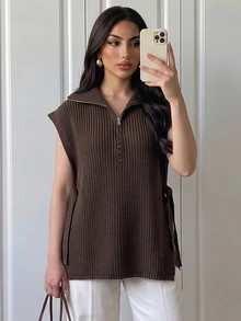 Breezaya Women's Solid Color Half-Zip Design Casual Versatile Knit Vest - Coffee Brown - View 3
