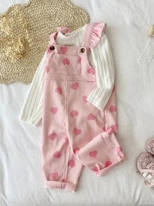 Vintaside Kids 2件組幼兒女嬰上衣吊帶褲套裝，可愛甜美粉色白色荷葉邊愛心印花長袖假領休閒款，秋季公主風柔軟衣著 - 淺粉色 - 查看 3