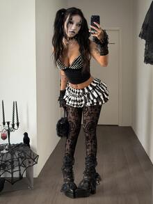 Coolane Women's Fall/Winter Halloween Clown Black And White Flocked Cross Pattern Mesh Black Leggings - Black - View 5