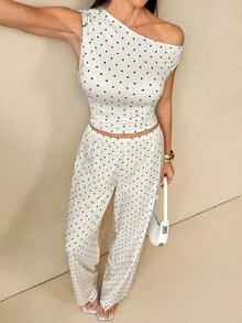 SHEIN Tall طقم نسائي طويل من قطعتين بلون بيج بنقاط بيضاء، ملابس علوية مكشوفة الكتفين وبنطال - لون مشمشي - مشاهدة 6