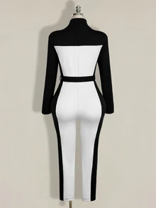 SHEIN ICON Plus Size Retro Y2K Black & White Colorblock Slimming Fitted Thermal Lined Ski Jumpsuit - Black and White - View 13