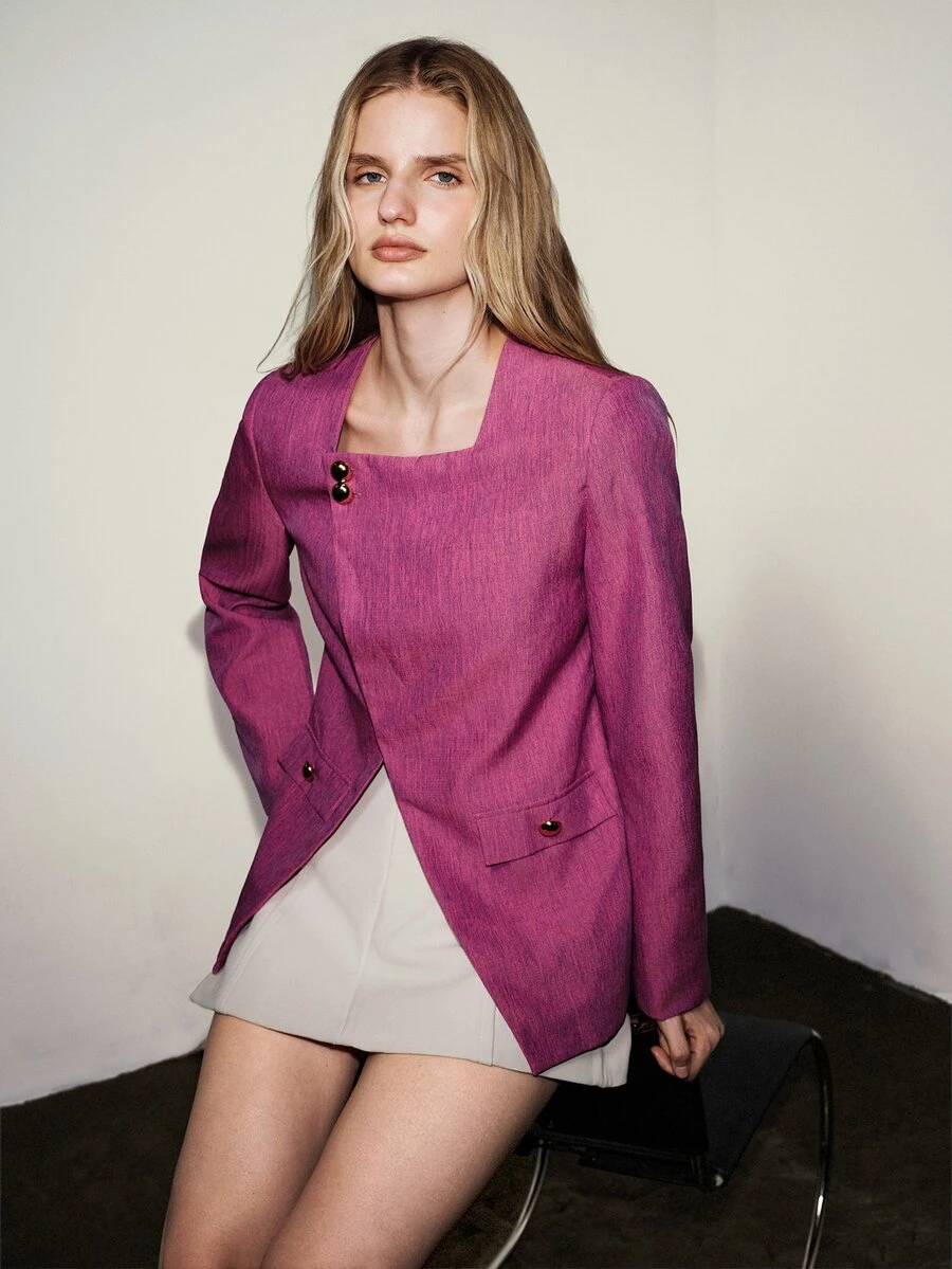 Aveloria Modichic Women's Blazer Straight Two-Tone Woven Overlap Square Neck Metal Button Shoulder Pads Modern Hot Pink Solid Women's Jacket Autumn Outfit Christmas - Pink - View 1
