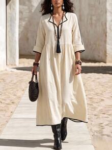 Hansera Middle-Aged Women 3/4 Sleeve Cuffed Casual Dress - Apricot - View 1