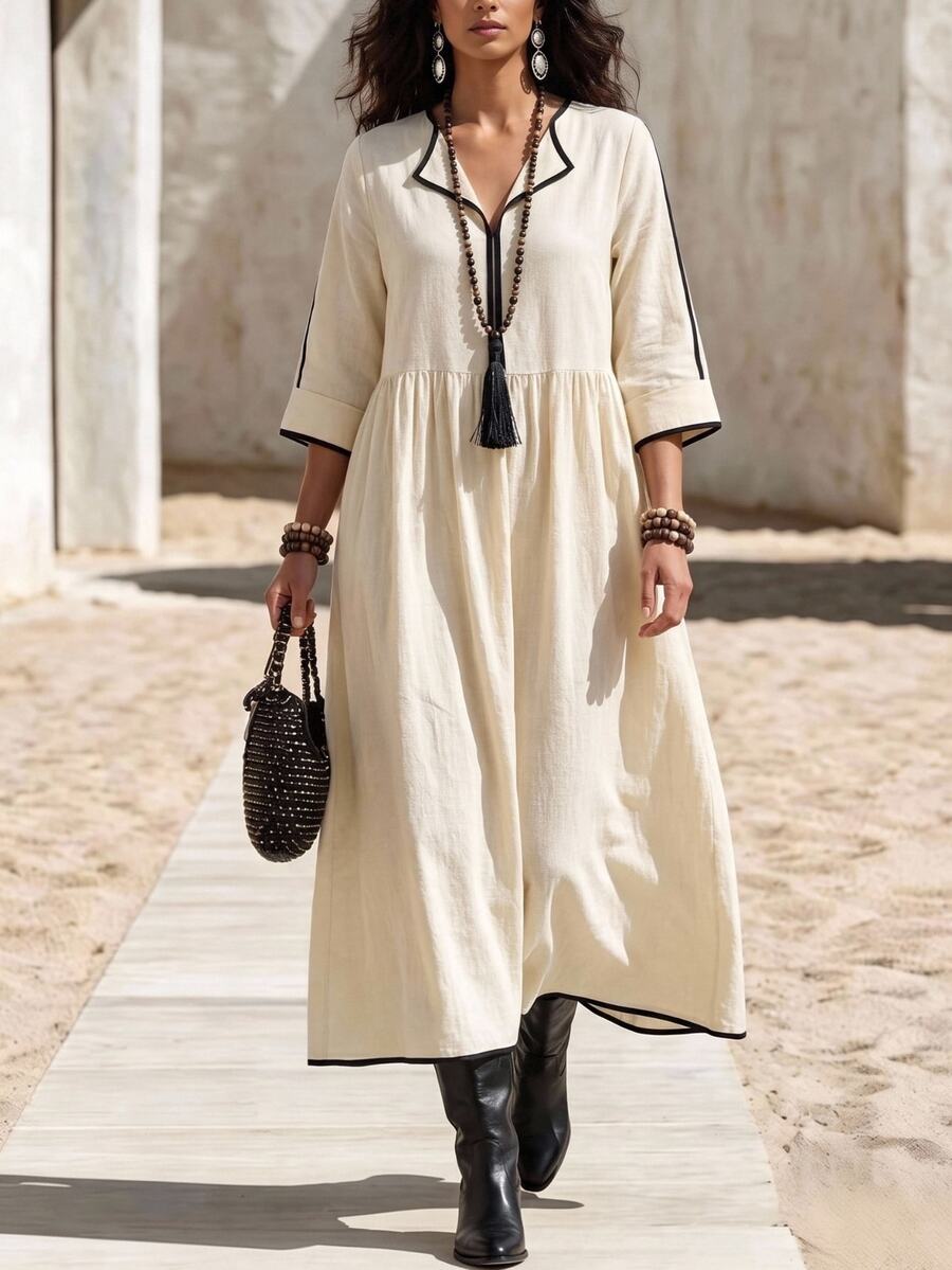 Hansera Middle-Aged Women 3/4 Sleeve Cuffed Casual Dress - Apricot - View 1