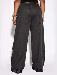 ROMWE Street Life Plus Size Women's Black Casual Streetwear Skull Cross Pattern Sweatpants - Black - View 4