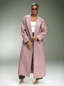 Denimoi Women's Street Style Button Long Sleeve PU Material Coat - Pink - View 3