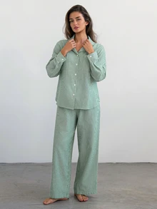 Livesso Women's Striped Pocket Button-Up Top And Pants Pajama Set - Green - View 6