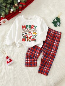 Young Boy Christmas Pattern Knitted Soft Crew Neck Long Sleeve Pullover Top & Plaid Pants 2 Pieces Set, Versatile And Comfortable Baby - White - View 1