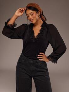 Freevana Velvet Wrap Deep V Lace Blouse With Ruffled Lace Cuffs And Sheer Sleeves, Romantic Evening Top - Black - View 6